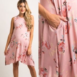 Maternity Pink Floral Sleeveless Dress w/ Pockets
